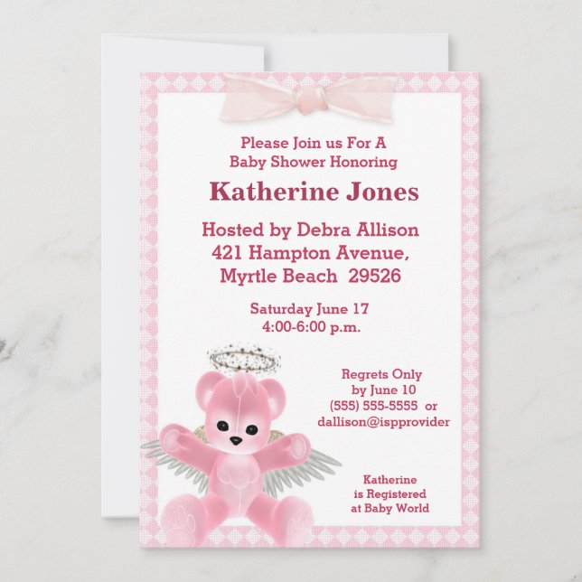 Pink Angel Bear Baby Shower Invitation (Front)