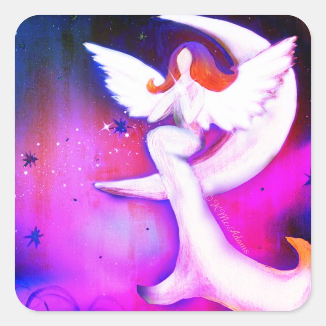 Pink Angel Moon Stars Art by Kristy McAdams Square Sticker (Front)