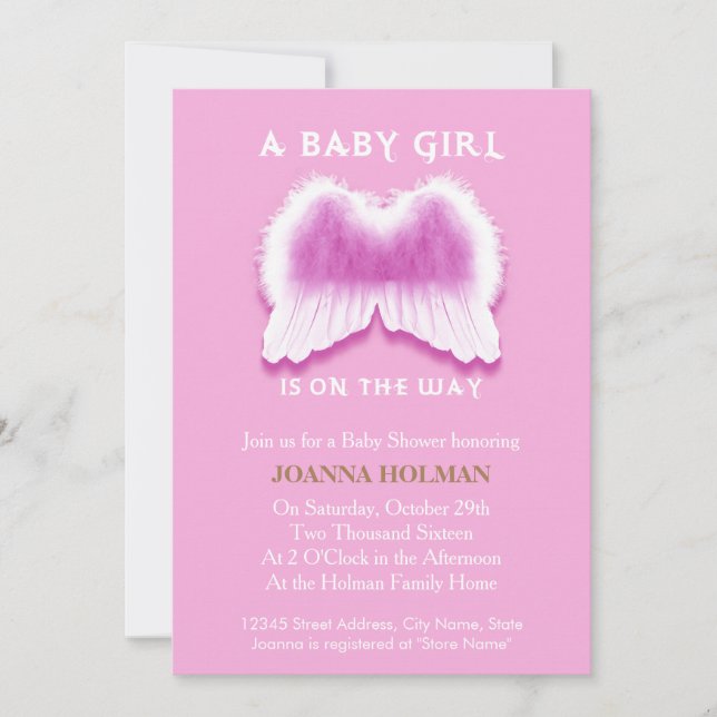 Pink Angel Wings Baby Shower Card (Front)