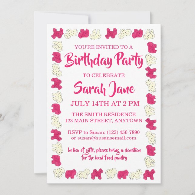 Pink Animal Crackers Cookies Circus Birthday Party Invitation (Front)