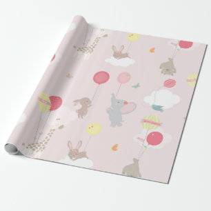 Pink Animals Clouds Balloons Baby Wrapping Paper