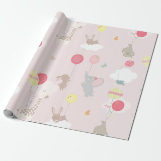 Pink Animals Clouds Balloons Baby Wrapping Paper