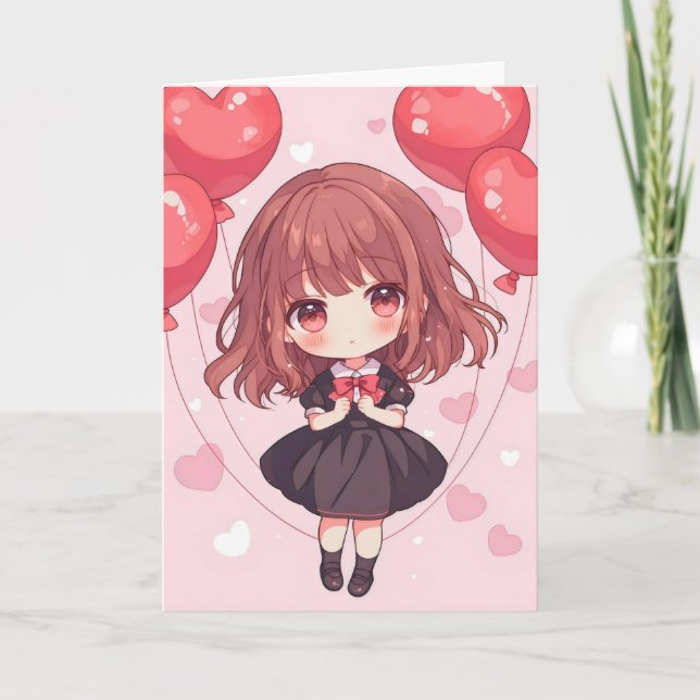 Pink Anime Cute Girl Holiday Card (Front)