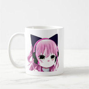 Pink Anime Girl in Cat Ear Headphones Coffee Mug