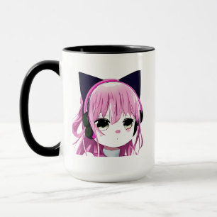 Pink Anime Girl in Cat Ear Headphones Mug