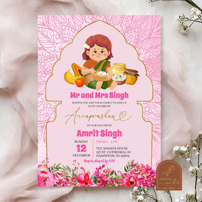 Pink Annaprashan Baby Girl Rice Feeding Ceremony Invitation (Creator Uploaded)