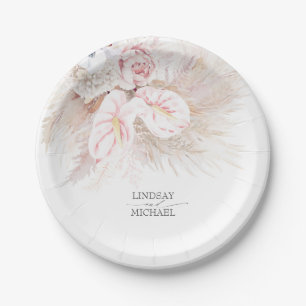Pink Anthurium and Pampas Grass Elegant Wedding Paper Plate