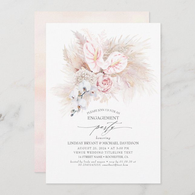 Pink Anthurium and Pampas Grass Engagement Party Invitation (Front/Back)