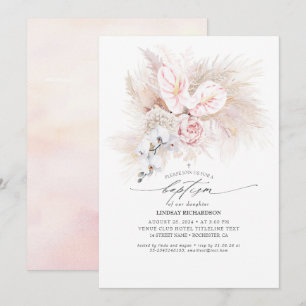 Pink Anthurium and Pampas Grass Floral Baptism Invitation