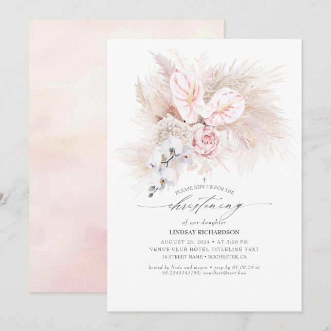 Pink Anthurium and Pampas Grass Floral Christening Invitation (Front/Back)