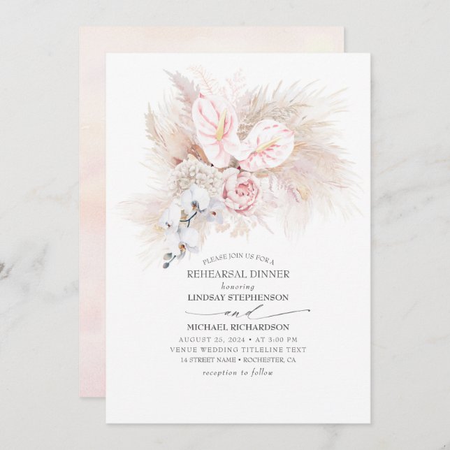 Pink Anthurium and Pampas Grass Rehearsal Dinner Invitation (Front/Back)