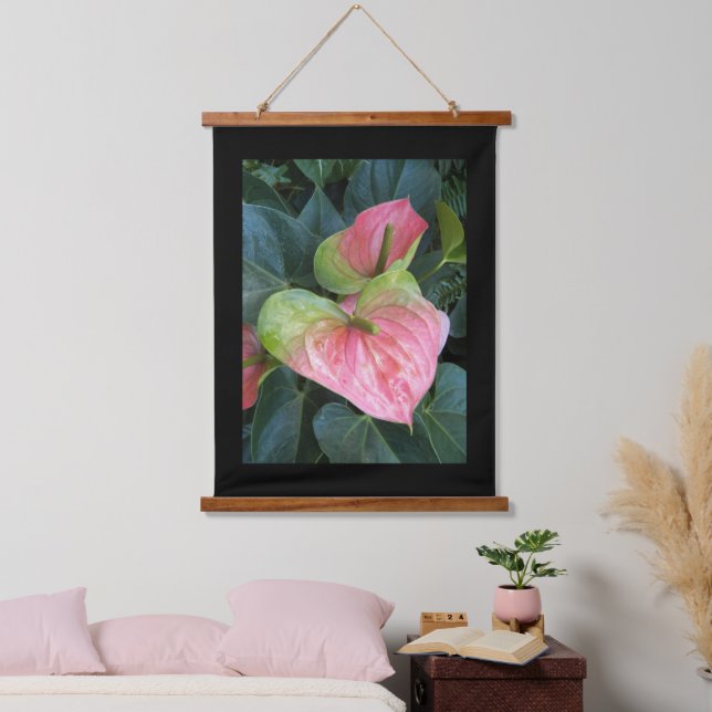 Pink Anthurium Blooms with Black Border Hanging Tapestry (Bedroom)