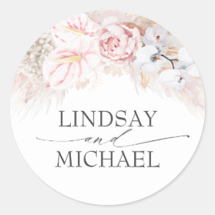 Pink Anthuriums and Pampas Grass Elegant Exotic Classic Round Sticker