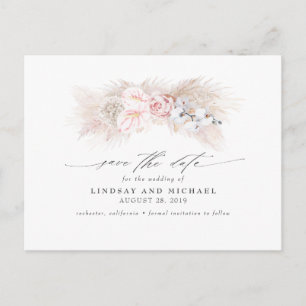 Pink Anthuriums and Pampas Grass Save the Date Postcard