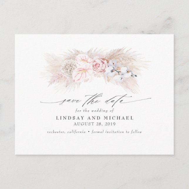 Pink Anthuriums and Pampas Grass Save the Date Postcard (Front)