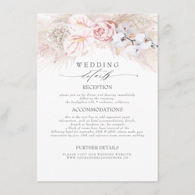 Pink Anthuriums Pampas Grass Wedding Information Enclosure Card (Front)