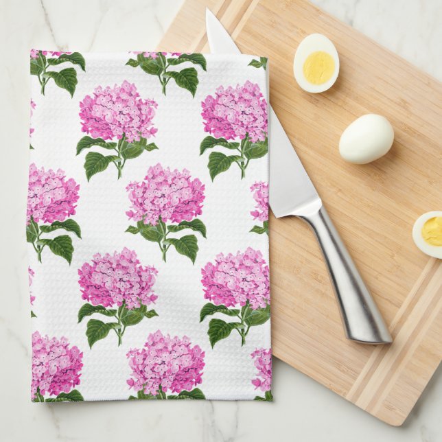 Pink Antique Hydrangea Illustration Pattern Tea Towel (Quarter Fold)