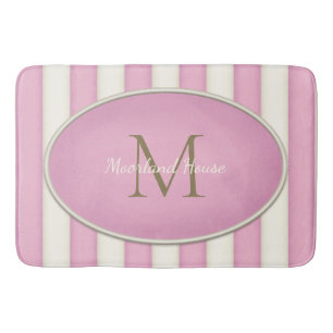 Pink & Antique White Stripes Bronze Monogram Bath Mat