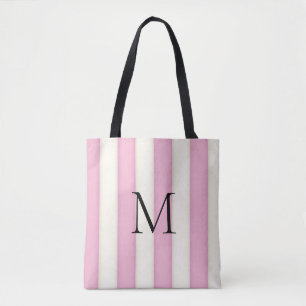 Pink & Antique White Stripes Monogrammed Tote Bag