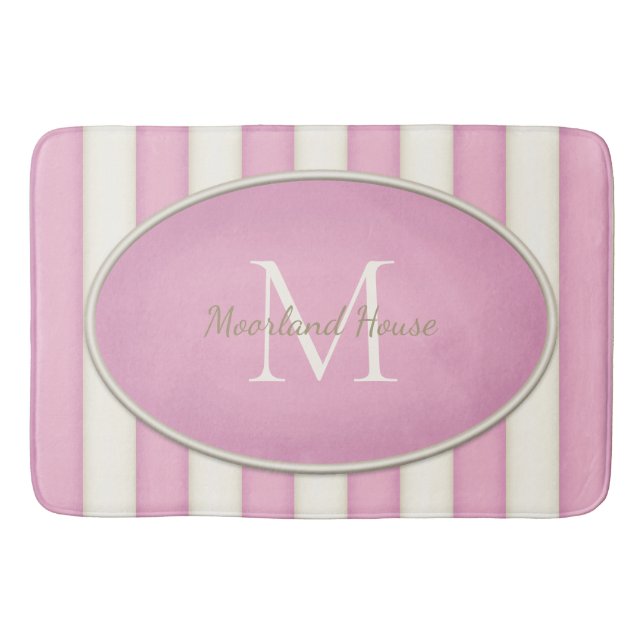 Pink & Antique White Stripes Oval Framed Monogram Bath Mat (Front)