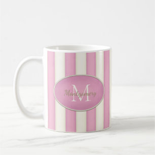 Pink & Antique White Stripes Oval Framed Monogram Coffee Mug