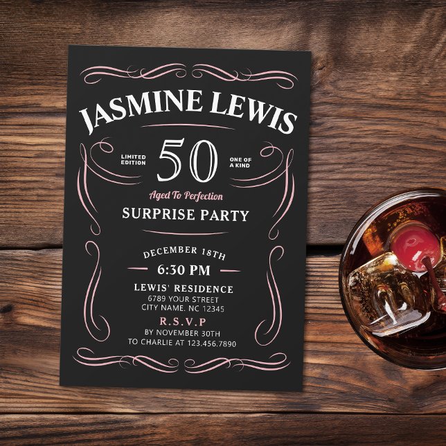 Pink Any Age Whiskey themed surprise 50th birthday Invitation (Pink Any Age Whiskey themed surprise 50th birthday Invitation)