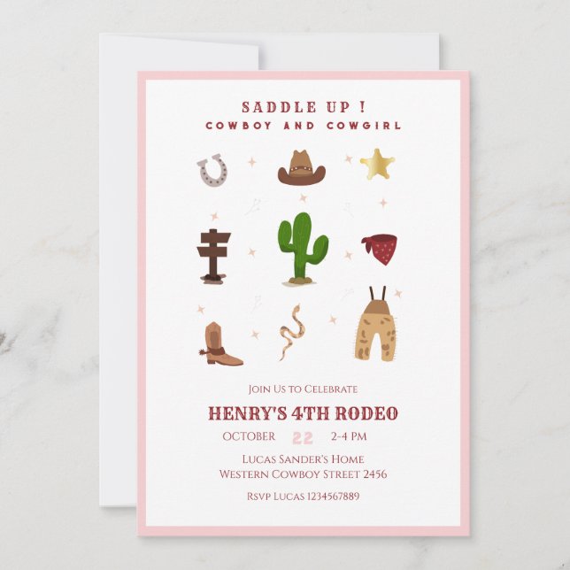 Pink Any Year Rodeo Cowboy Kids Birthday Invitation (Front)