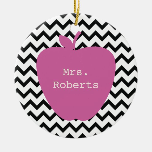 Pink Apple Black Chevron Teacher Ceramic Tree Decoration (Front)