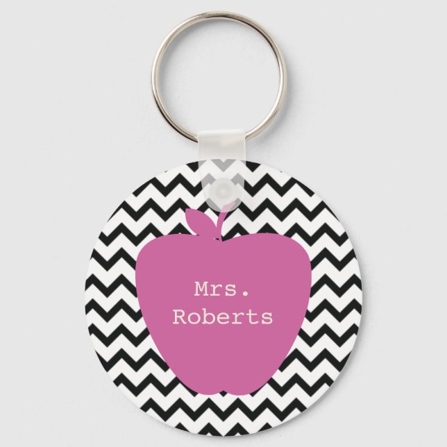 Pink Apple Black Chevron Teacher Key Ring (Front)