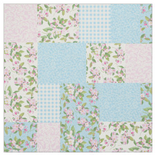 Pink Apple Blossom Floral and Check Faux Patchwork Fabric
