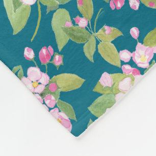 Pink Apple Blossom Floral Pattern on Dark Blue Fleece Blanket