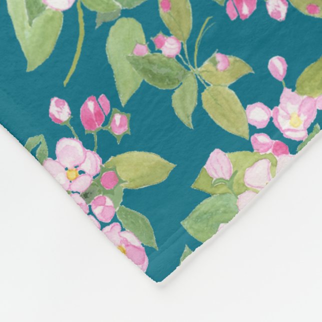 Pink Apple Blossom Floral Pattern on Dark Blue Fleece Blanket (Corner)