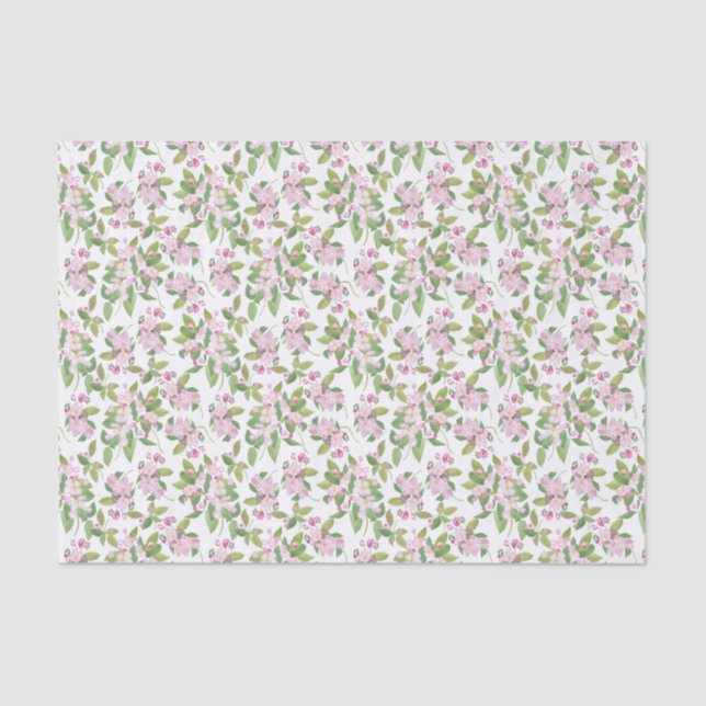 Pink Apple Blossom Floral Pattern on White Tissue Paper (Front)