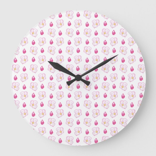 Pink Apple Blossom Flowers and Buds, White Large Clock (Front)
