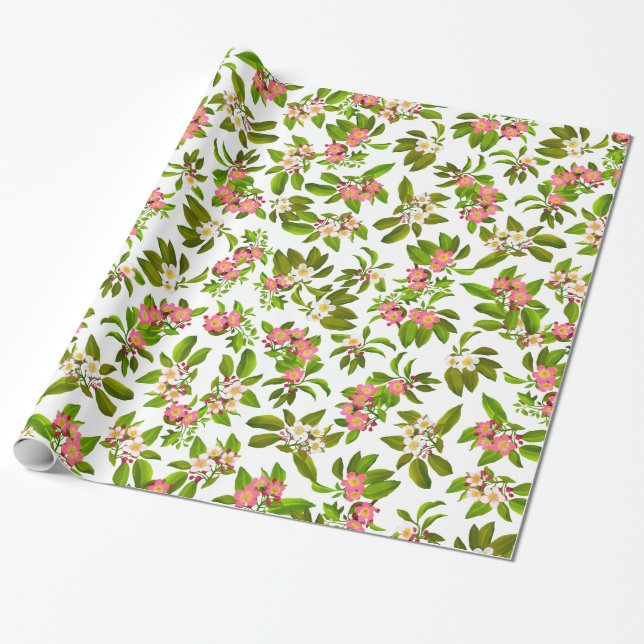 Pink Apple Blossom Flowers Wrapping Paper (Unrolled)