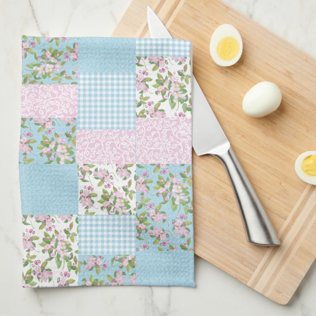 Pink Apple Blossom on Blue Faux Patchwork Tea Towel (Quarter Fold)