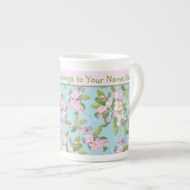 Pink Apple Blossom Pattern and Pink Band Bone China Mug (Front Right)