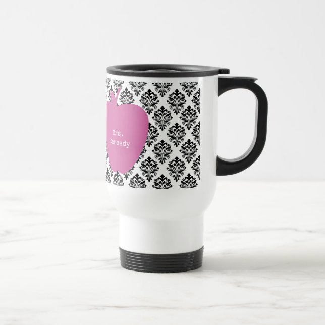 Pink Apple Damask Teacher Travel Mug (Right)