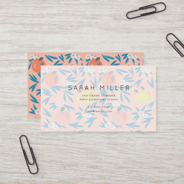 Pink Apple Floral Pattern Teacher Business Card (Front/Back In Situ)