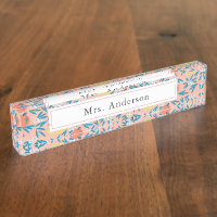 Pink Apple Floral Pattern Theacher Desk Name Plate