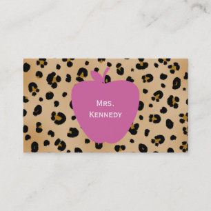 Pink Apple Leopard Print Teacher Business Card