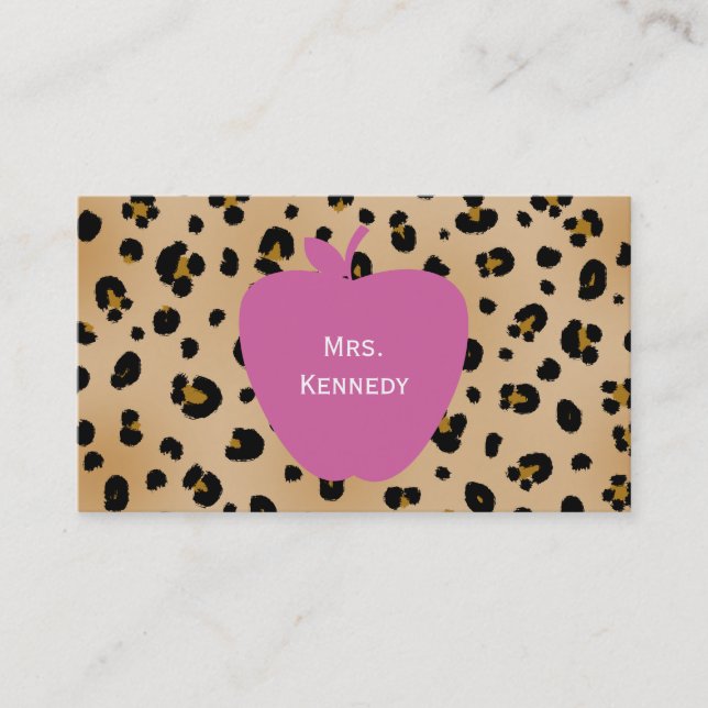 Pink Apple Leopard Print Teacher Business Card (Front)