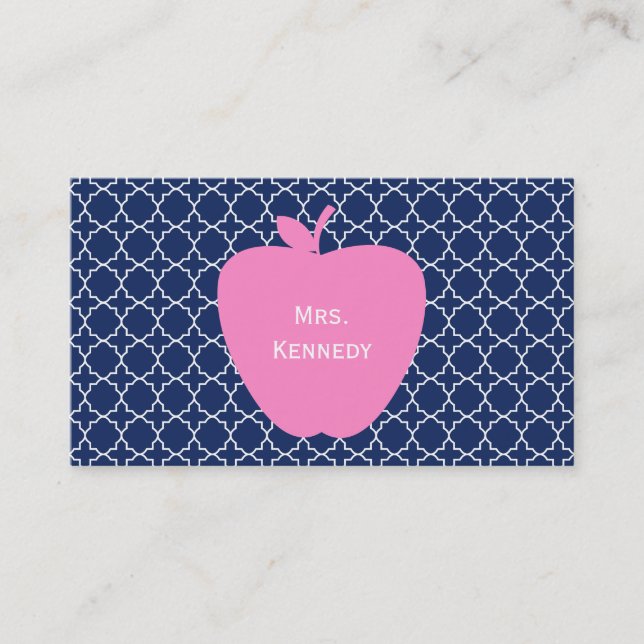 Pink Apple Navy Quatrefoil Business Card (Front)