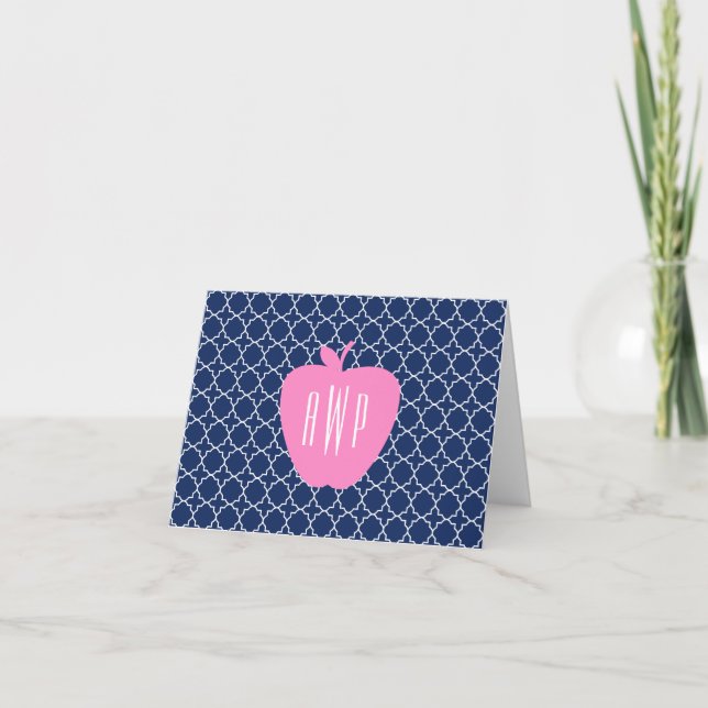 Pink Apple Navy Quatrefoil Monogram Teacher Note Card (Front)