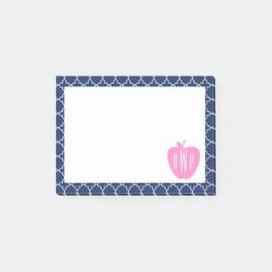 Pink Apple Navy Quatrefoil Monogram Teacher Post-it Notes
