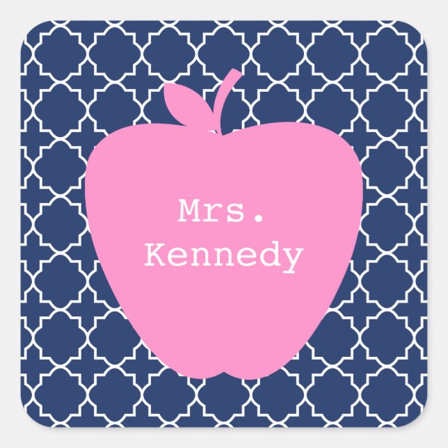 Pink Apple Navy Quatrefoil Square Sticker (Front)