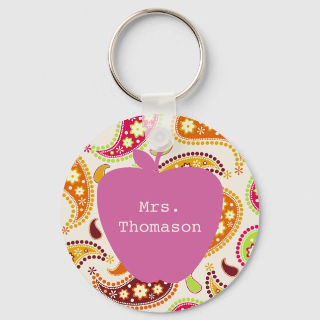 Pink Apple Paisley Teacher Key Ring (Front)