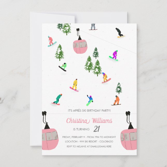 Pink Aprés Snowboard Snowboarding Birthday Invitation (Front)