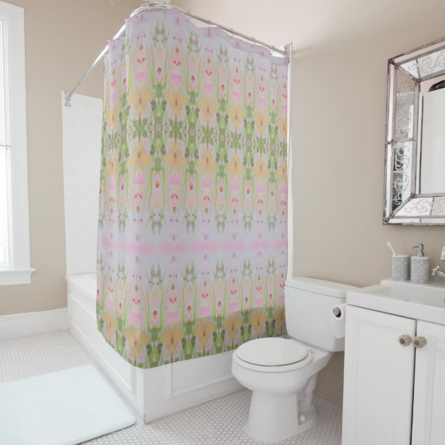 Pink Apricot and Green Patterned Shower Curtain (In Situ)