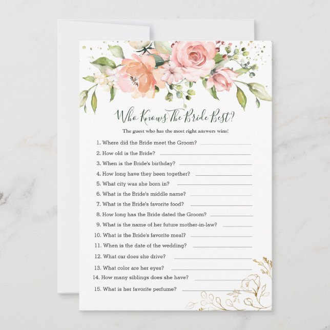 Pink Apricot Rose Foliage Who knows the Bride Best Invitation (Front)